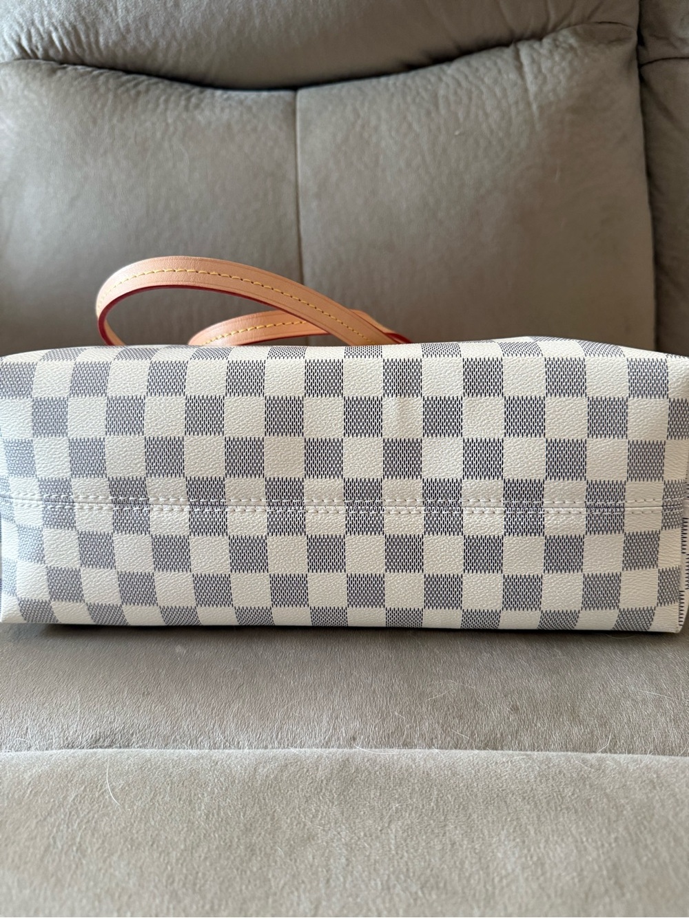 Cream and Gray Damier Azur Canvas Tote with Natural Leather Trim - Picture 3 of 13